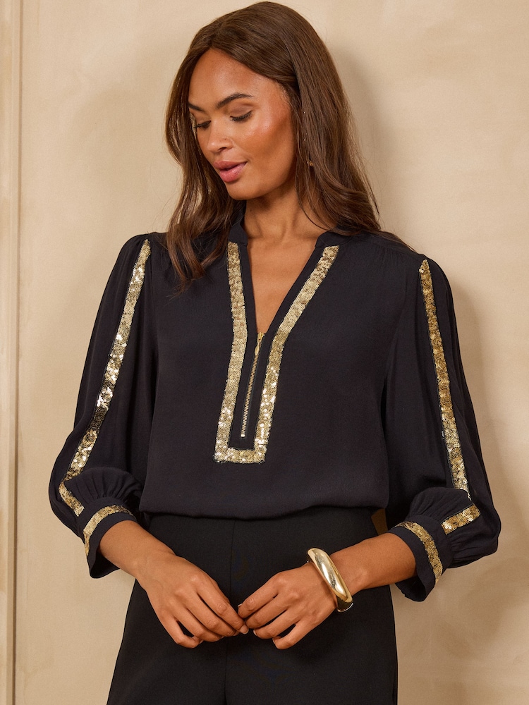 Love & Roses Black 3/4 Sleeve Sequin Zip Front Blouse - Image 4 of 4