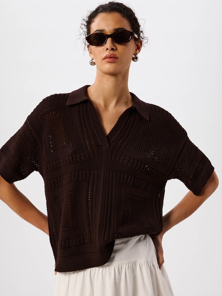 Whistles Brown Crochet Detail Cotton Polo - Image 1 of 4