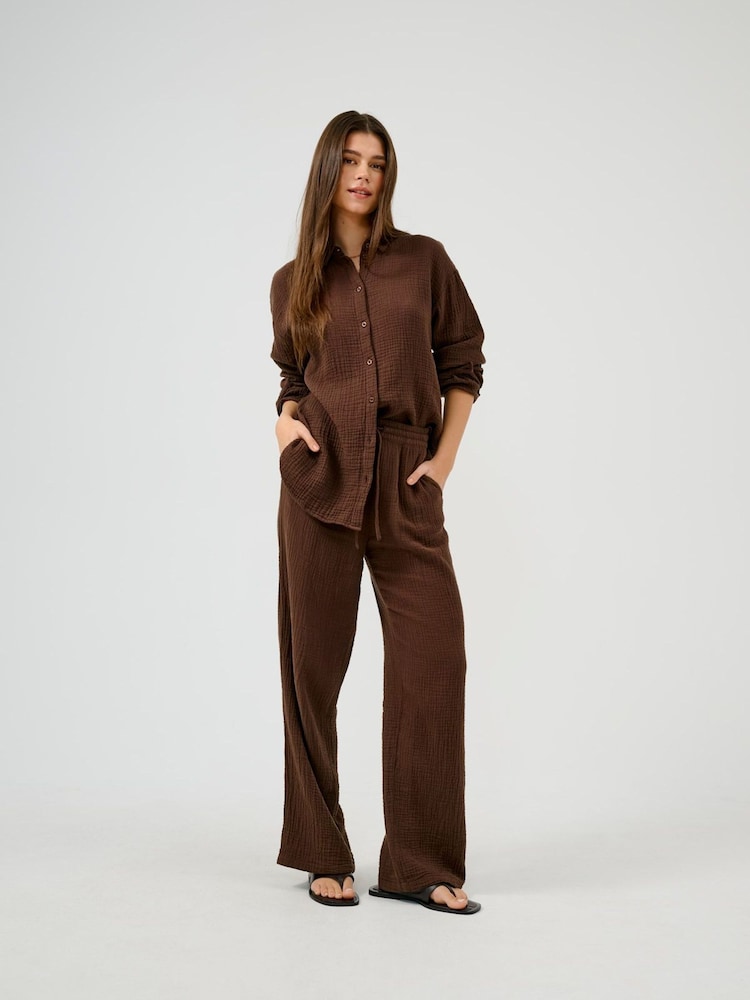 JDY Brown Cheesecloth Wide Leg Drawstring Trousers - Image 1 of 5