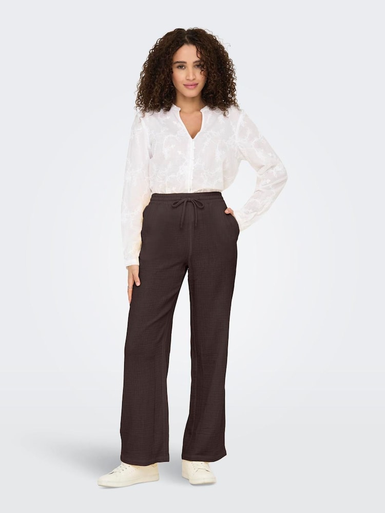 JDY Brown Cheesecloth Wide Leg Drawstring Trousers - Image 2 of 5