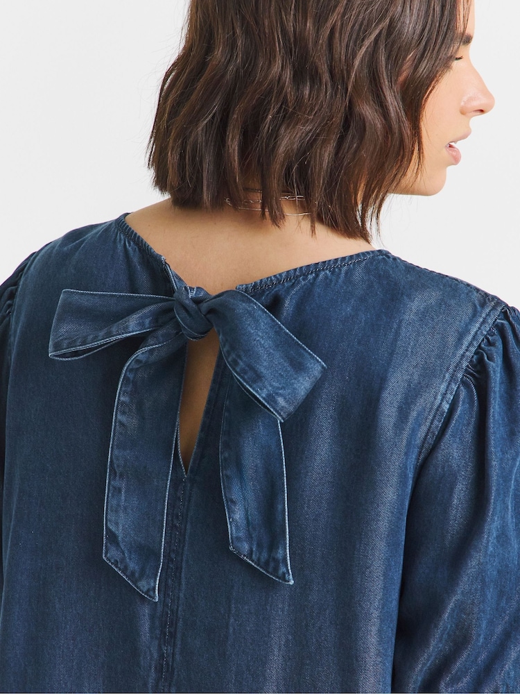 Simply Be Blue Drop Waist Frill Mini Denim Dress - Image 4 of 4