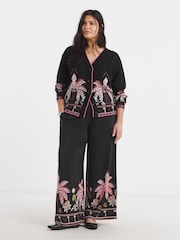 Simply Be Black Palm Printed Wide Leg Trousers - Image 1 of 4