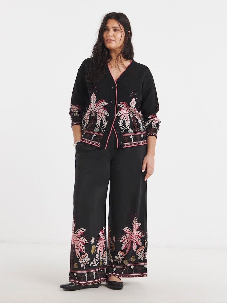 Simply Be Black Palm Printed Wide Leg Trousers - Image 1 of 4