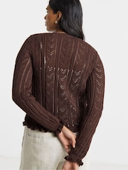 Simply Be Brown Pointelle Crew Neck Frill Cardigan - Image 2 of 4