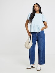 Simply Be Blue Crew Neck Peplum Stretch Broderie Top - Image 1 of 4