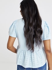 Simply Be Blue Crew Neck Peplum Stretch Broderie Top - Image 2 of 4