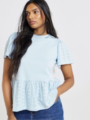 Simply Be Blue Crew Neck Peplum Stretch Broderie Top - Image 3 of 4