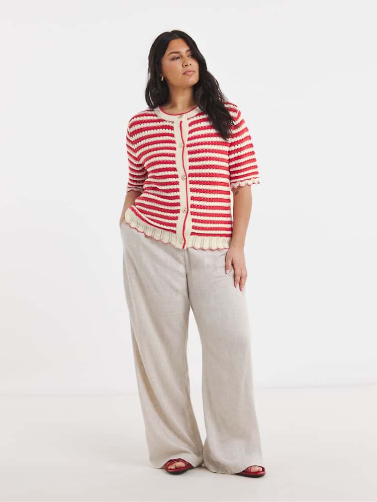 Simply Be Red Stripe Short Sleeve Frill Cardigan - Image 1 of 4 Simply Be Red Stripe Short Sleeve Frill Cardigan - Image 1 of 4