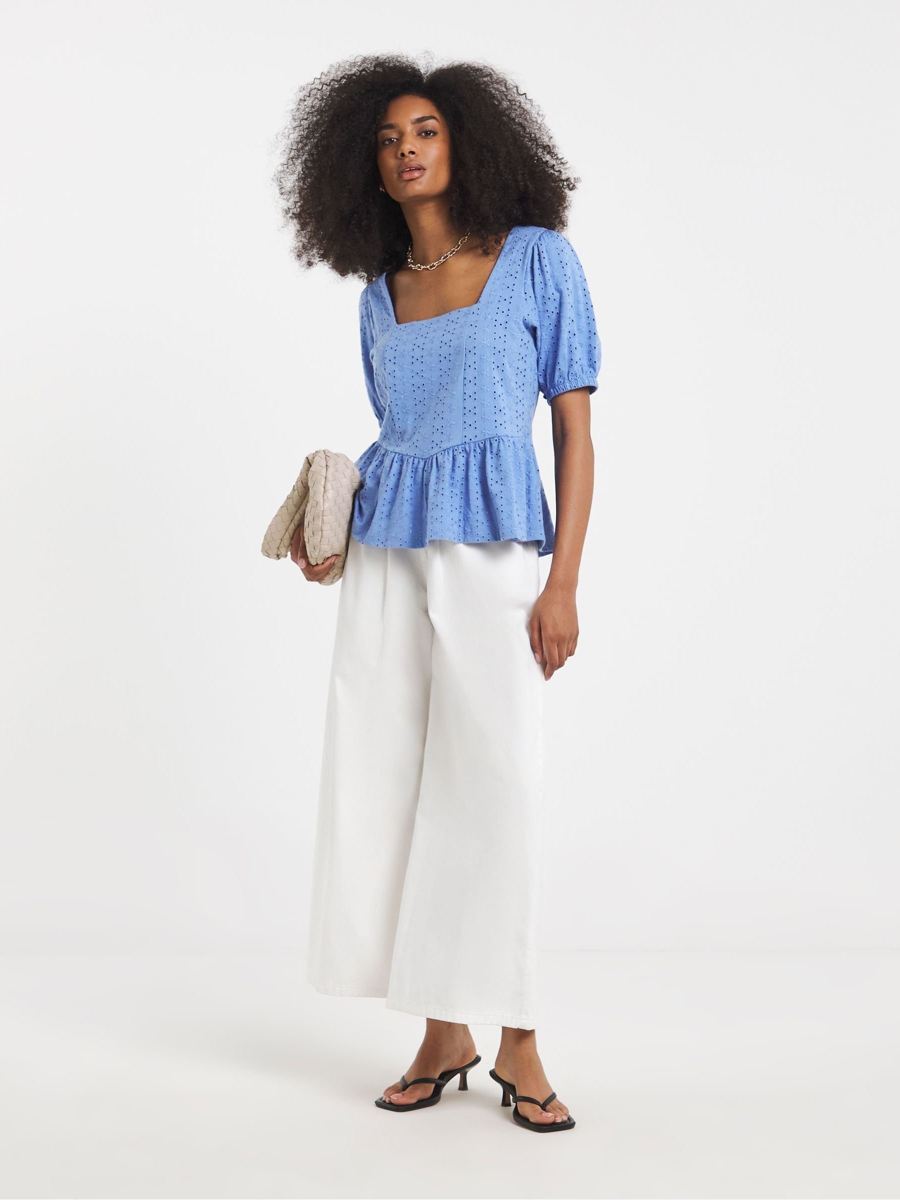 Buy Simply Be Blue Stretch Broderie Square Neck Peplum Top from