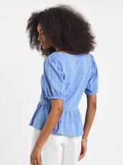 Simply Be Blue Stretch Broderie Square Neck Peplum Top - Image 2 of 4