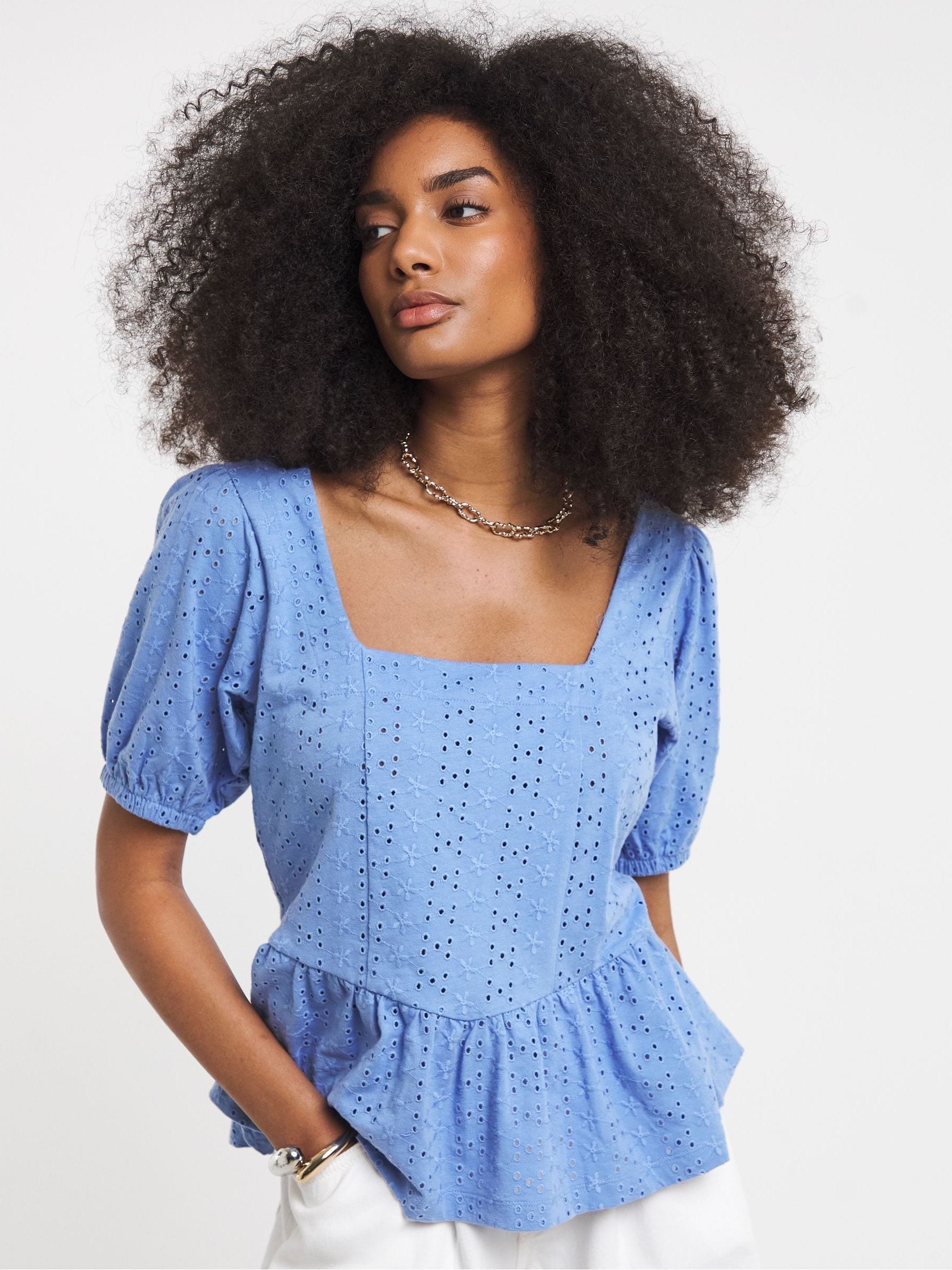 Buy Simply Be Blue Stretch Broderie Square Neck Peplum Top from