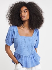 Simply Be Blue Stretch Broderie Square Neck Peplum Top - Image 3 of 4
