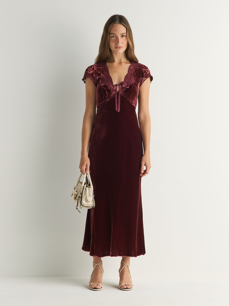 Rixo Red Amari Velvet Lace Trim Midi Dress - Image 1 of 6