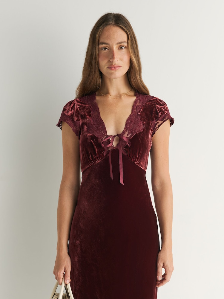 Rixo Red Amari Velvet Lace Trim Midi Dress - Image 2 of 6