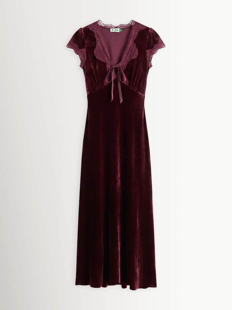Rixo Red Amari Velvet Lace Trim Midi Dress - Image 6 of 6