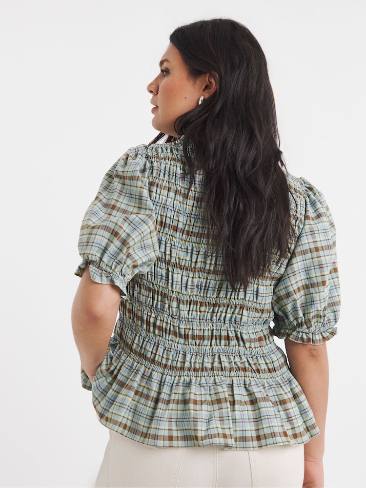 Simply Be Blue Check Peplum Blouse - Image 2 of 4