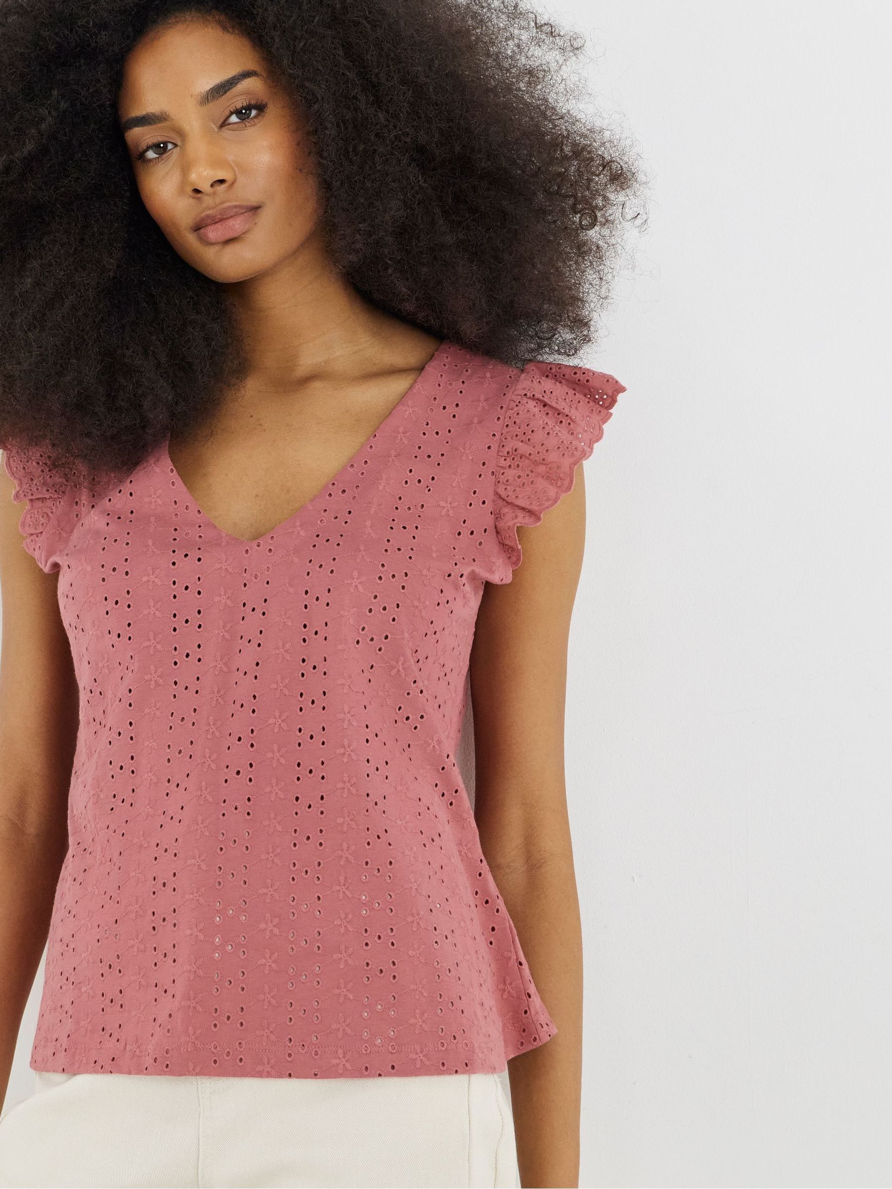 Buy Simply Be Pink V-Neck Ruffle Sleeve Stretch Broderie Top from