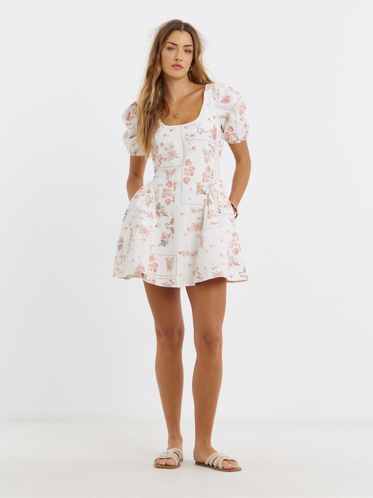 Simply Be White Romantic Print Mini Denim Dress - Image 1 of 4 Simply Be White Romantic Print Mini Denim Dress - Image 1 of 4