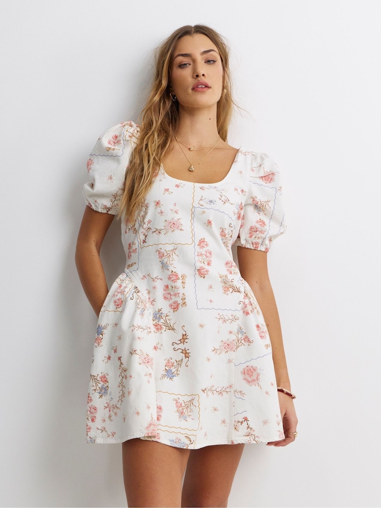 white denim dress puff sleeve Trendy Floral White Denim Mini Dress | Women's Dress