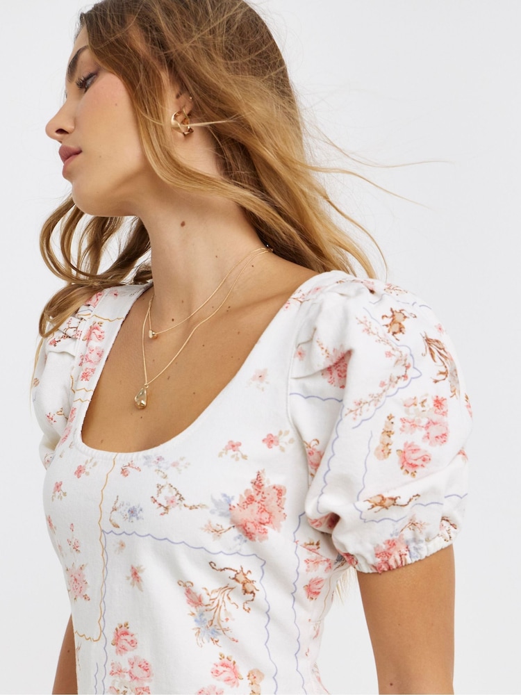 Simply Be White Romantic Print Mini Denim Dress - Image 4 of 4 Simply Be White Romantic Print Mini Denim Dress - Image 4 of 4