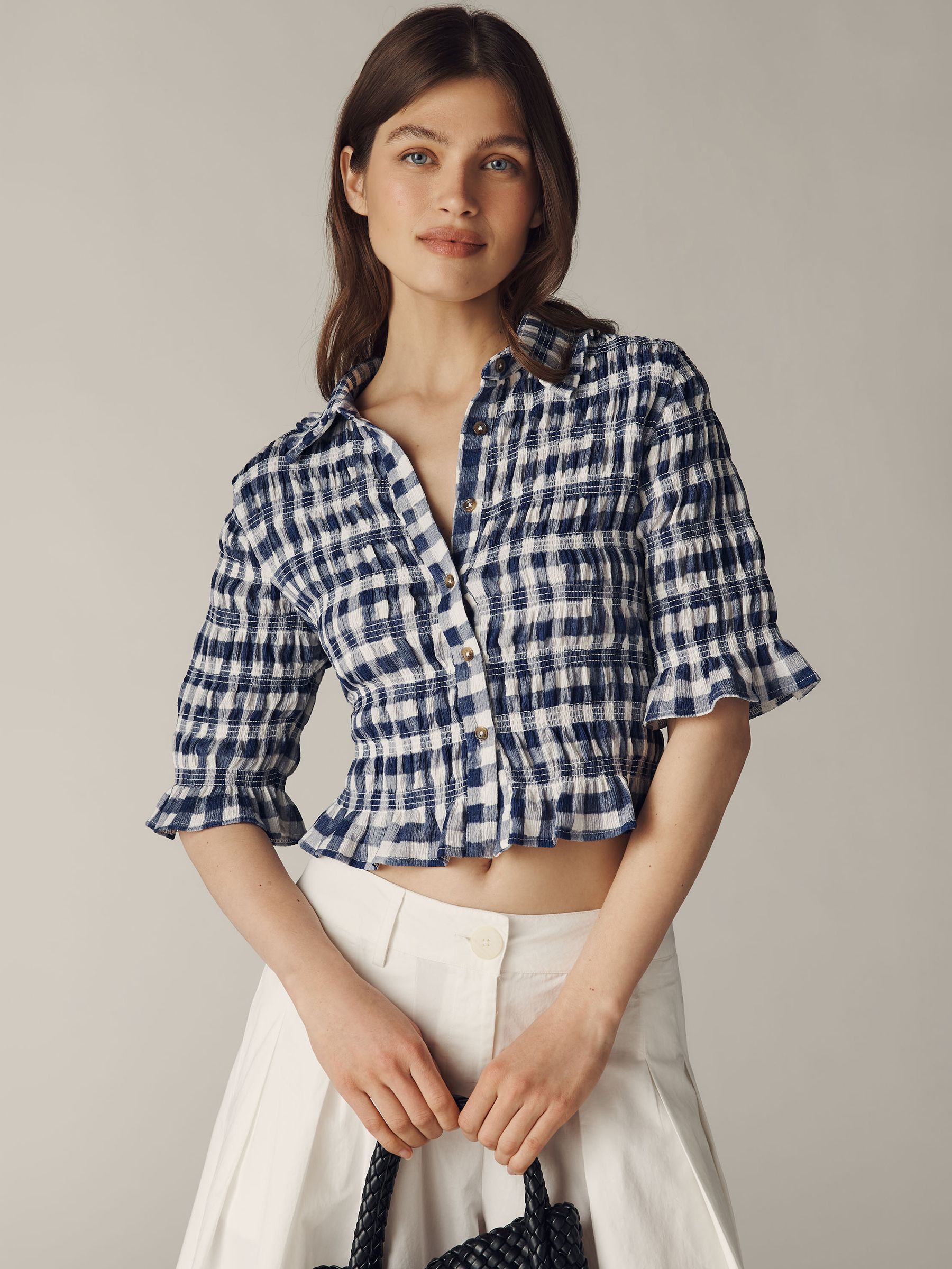 Buy Anthropologie Blue Gingham Maeve Ruffle Button-Front Short