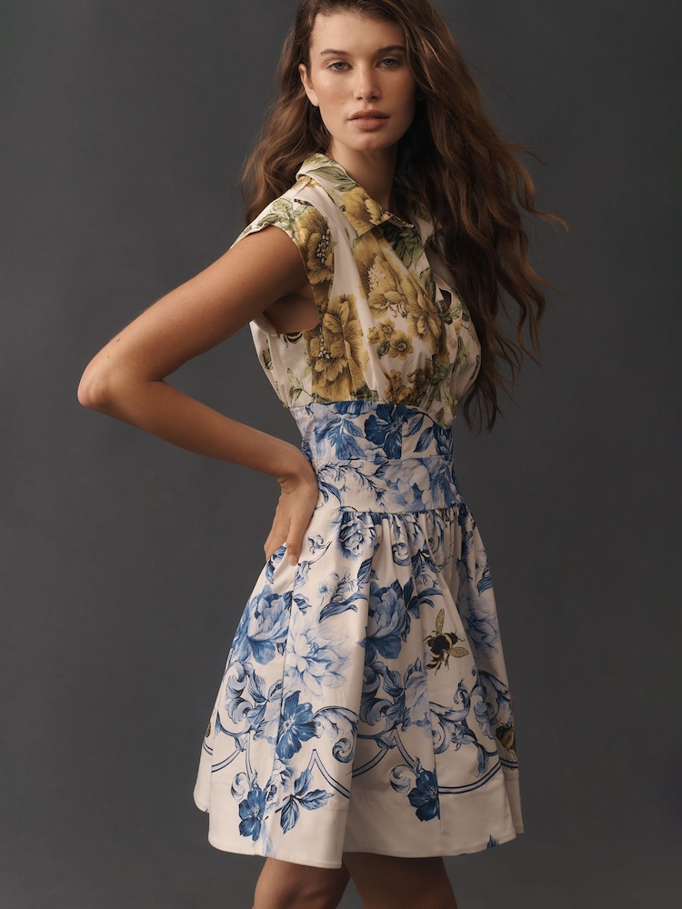 maeve shirt dress Staple The Label Blue Abstract Floral Print Midi 55% Linen Maeve | Shirt Dress