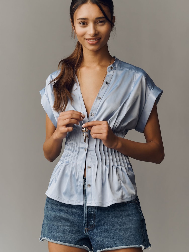 Anthropologie Pilcro Linden Silky Pleated Waisted Blouse - Image 1 of 4
