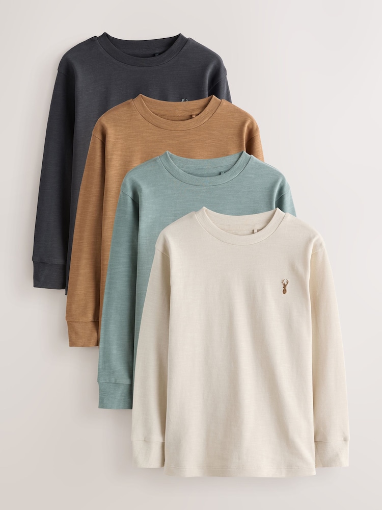 Blue/Ecru/ Tan/ Charcoal Stag Logo Long Sleeve Cosy T-Shirts 4 Pack (3-16yrs) - Image 1 of 9 Blue/Ecru/ Tan/ Charcoal Stag Logo Long Sleeve Cosy T-Shirts 4 Pack (3-16yrs) - Image 1 of 9