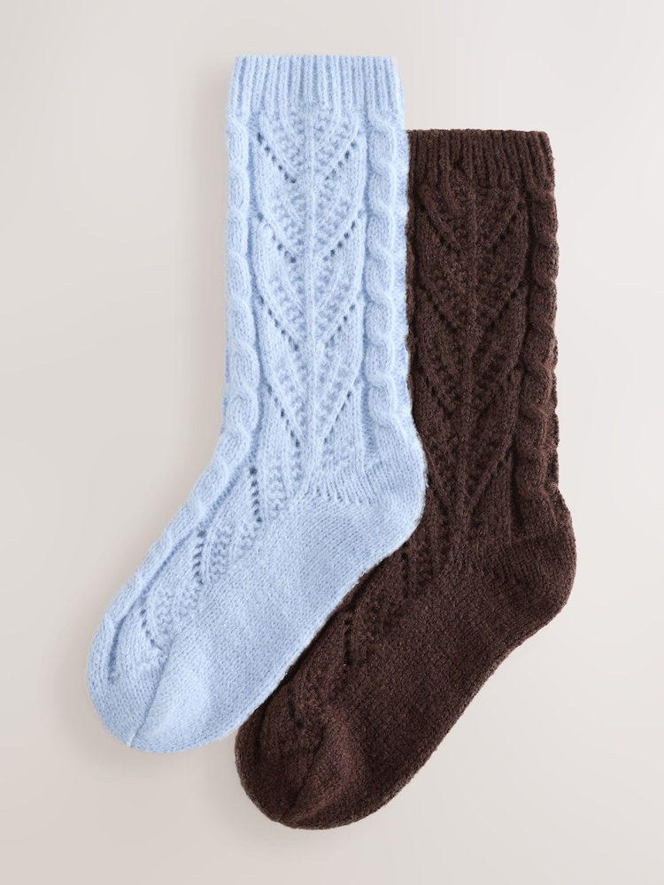 Light Blue/Chocolate Brown Cable Pointelle Knitted Cosy Ankle Socks 2 Pack - Image 1 of 7