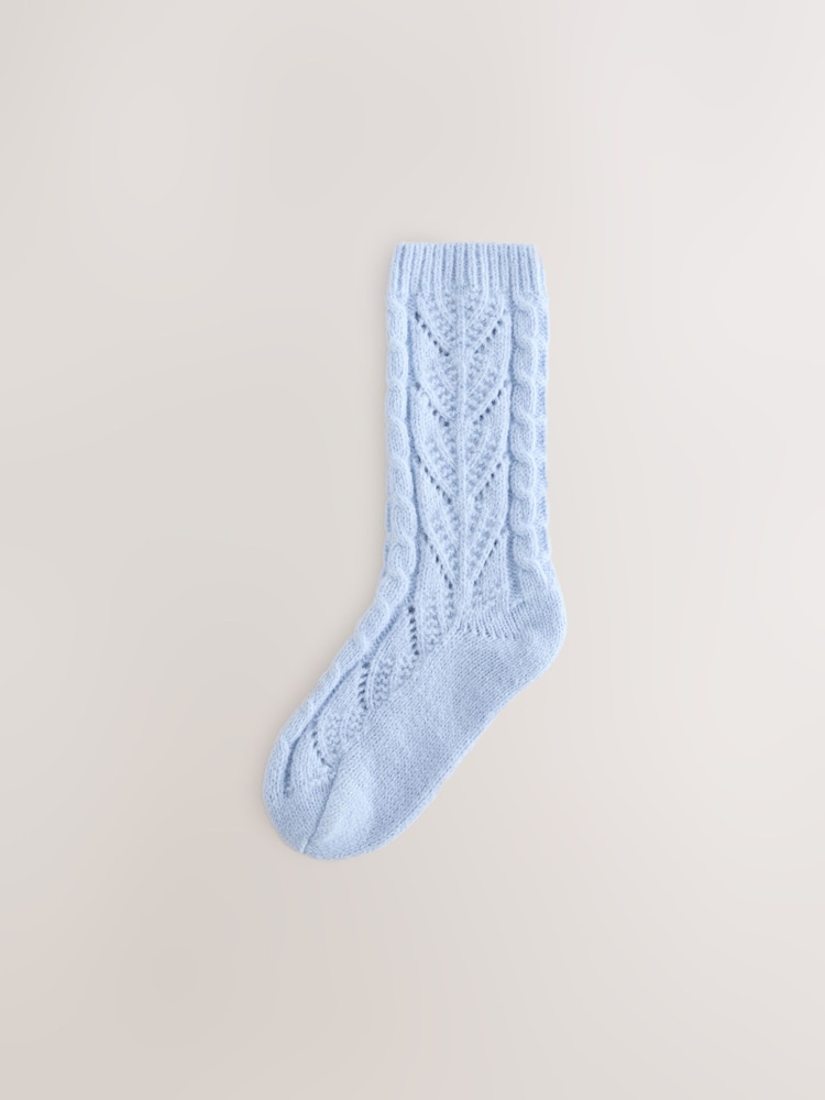 Light Blue/Chocolate Brown Cable Pointelle Knitted Cosy Ankle Socks 2 Pack - Image 2 of 7