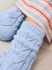 Light Blue/Chocolate Brown Cable Pointelle Knitted Cosy Ankle Socks 2 Pack - Image 6 of 7