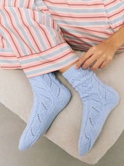 Light Blue/Chocolate Brown Cable Pointelle Knitted Cosy Ankle Socks 2 Pack - Image 7 of 7
