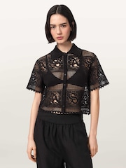 AllSaints Black Kyra Polo T-Shirt - Image 1 of 4