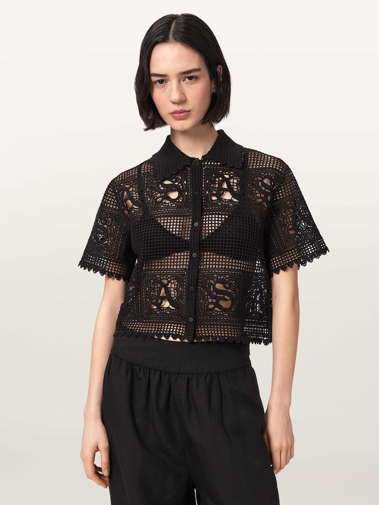 AllSaints Black Kyra Polo T-Shirt - Image 1 of 4