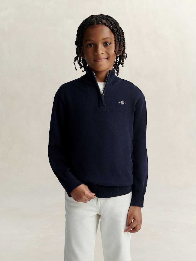 GANT Blue Shield Cotton Half Zip Sweater - Image 1 of 4 GANT Blue Shield Cotton Half Zip Sweater - Image 1 of 4