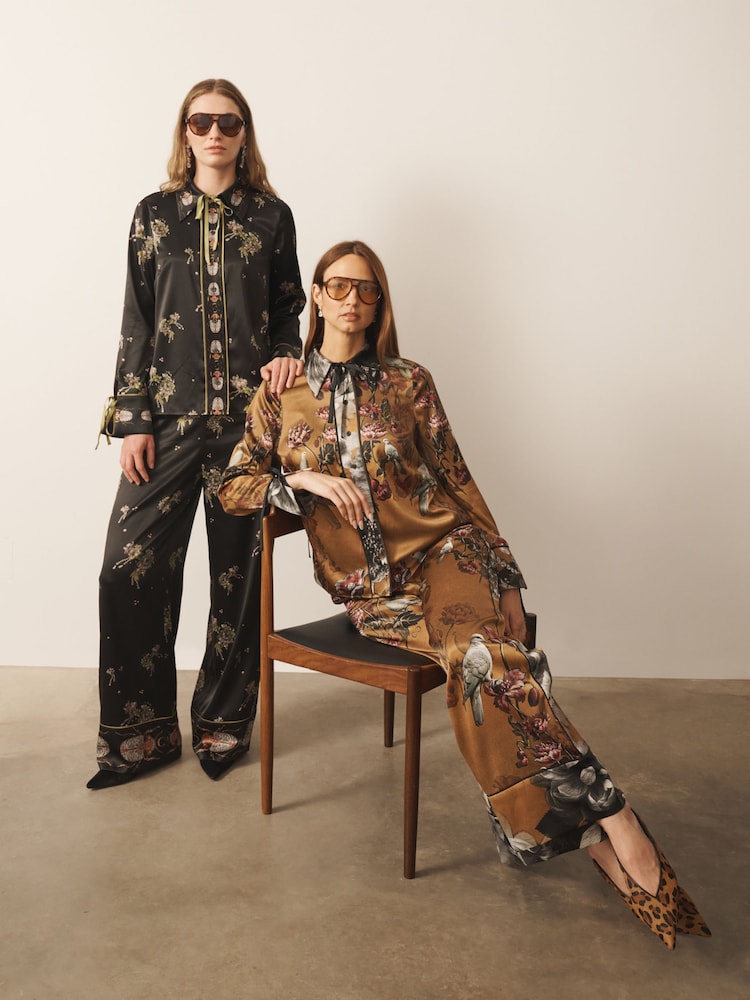 CERENE Floral Print Satin Wide Leg Trousers - Imaginea 1 din 11