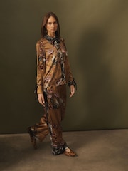 CERENE Floral Print Satin Wide Leg Trousers - Imaginea 5 din 11