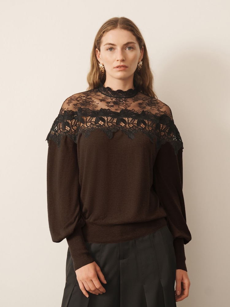CERENE Eliza Brown Contrast Lace Jumper - Image 2 of 11
