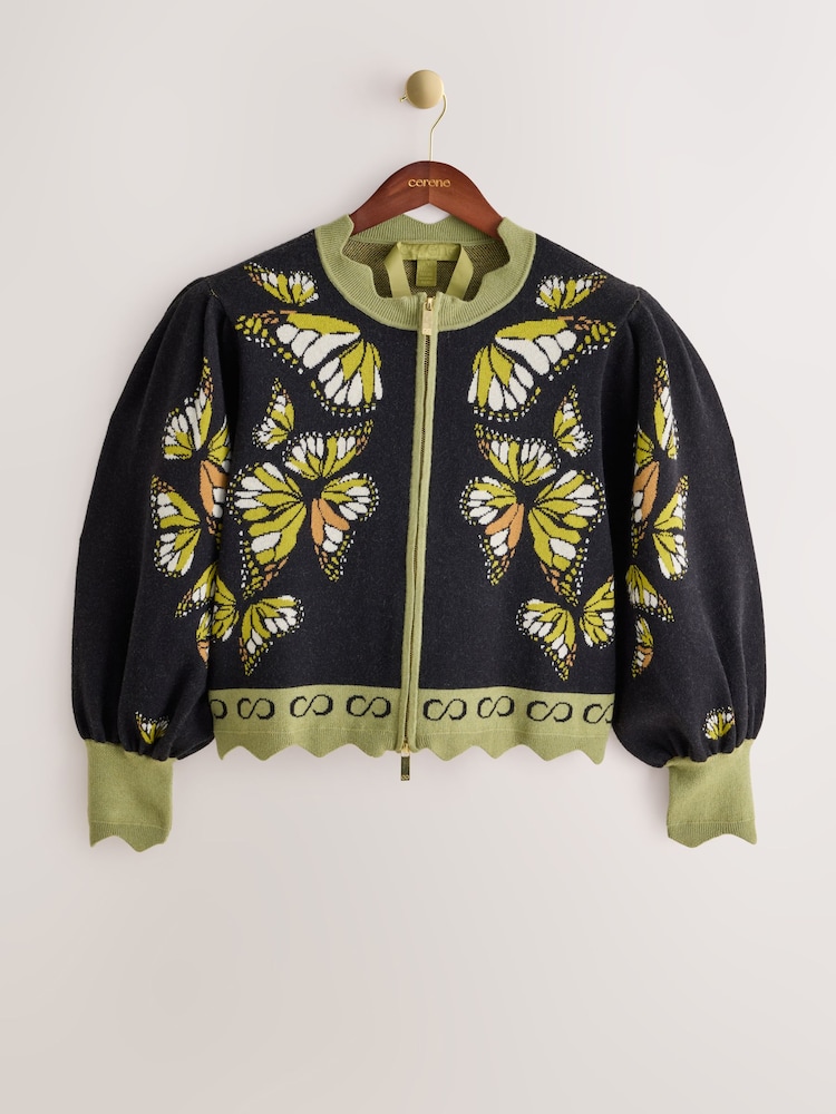 CERENE Edmonds Black Jacquard Butterfly Print Zip Through Knitted Jacket - Image 2 of 12 CERENE Edmonds Black Jacquard Butterfly Print Zip Through Knitted Jacket - Image 2 of 12