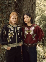 CERENE Edmonds Black Jacquard Butterfly  Print Zip Through Knitted Jacket - Image 5 of 12