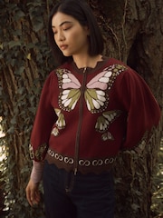 CERENE Edmonds Burgundy Jacquard Butterfly  Print Zip Through Knitted Jacket - Image 1 of 10