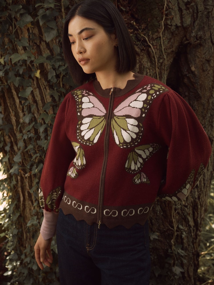 CERENE Edmonds Burgundy Jacquard Butterfly Print Zip Through Knitted Jacket - Image 1 of 10 CERENE Edmonds Burgundy Jacquard Butterfly Print Zip Through Knitted Jacket - Image 1 of 10