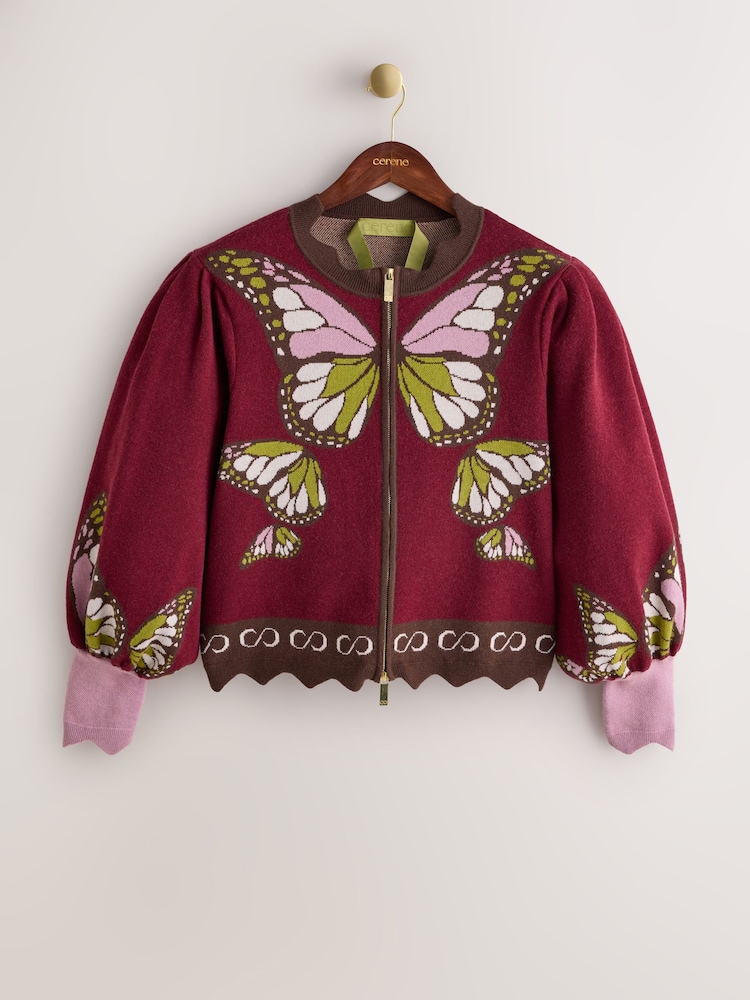 CERENE Edmonds Burgundy Jacquard Butterfly Print Zip Through Knitted Jacket - Image 10 of 10 CERENE Edmonds Burgundy Jacquard Butterfly Print Zip Through Knitted Jacket - Image 10 of 10