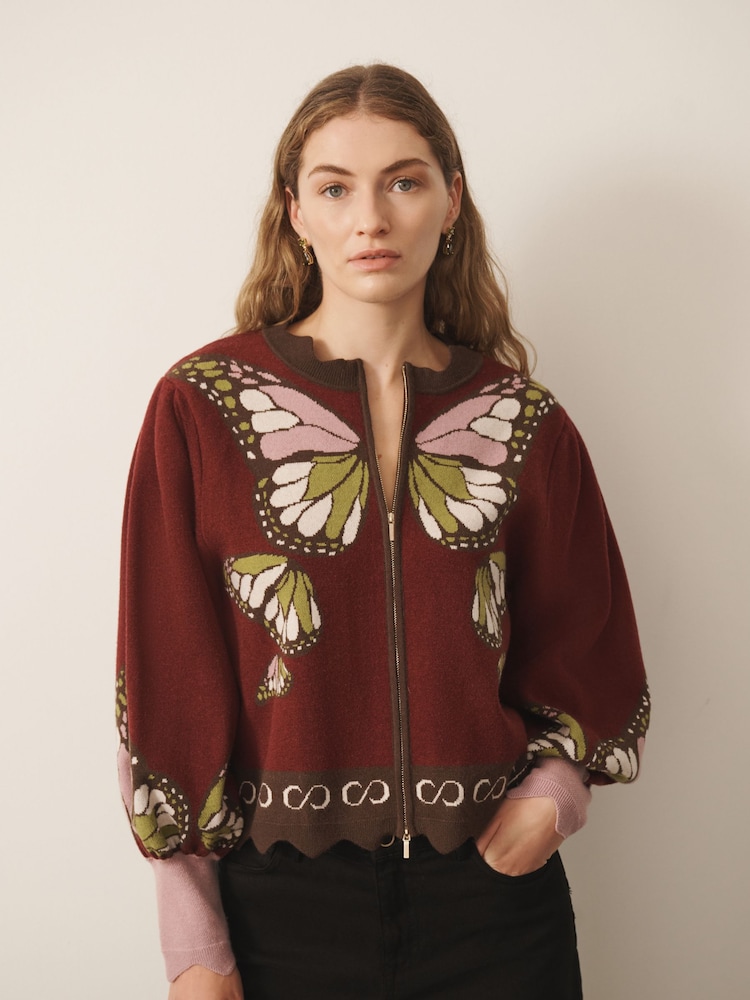 CERENE Edmonds Burgundy Jacquard Butterfly Print Zip Through Knitted Jacket - Image 2 of 10 CERENE Edmonds Burgundy Jacquard Butterfly Print Zip Through Knitted Jacket - Image 2 of 10