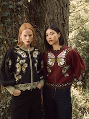 CERENE Edmonds Burgundy Jacquard Butterfly  Print Zip Through Knitted Jacket - Image 3 of 10