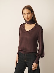 CERENE Bridget Burgundy Satin Scarf Detail Knitted Back Blouse - Image 1 of 9