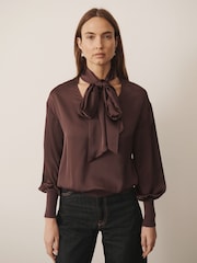 CERENE Bridget Burgundy Satin Scarf Detail Knitted Back Blouse - Image 2 of 9