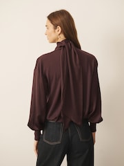 CERENE Bridget Burgundy Satin Scarf Detail Knitted Back Blouse - Image 3 of 9