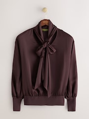 CERENE Bridget Burgundy Satin Scarf Detail Knitted Back Blouse - Image 4 of 9