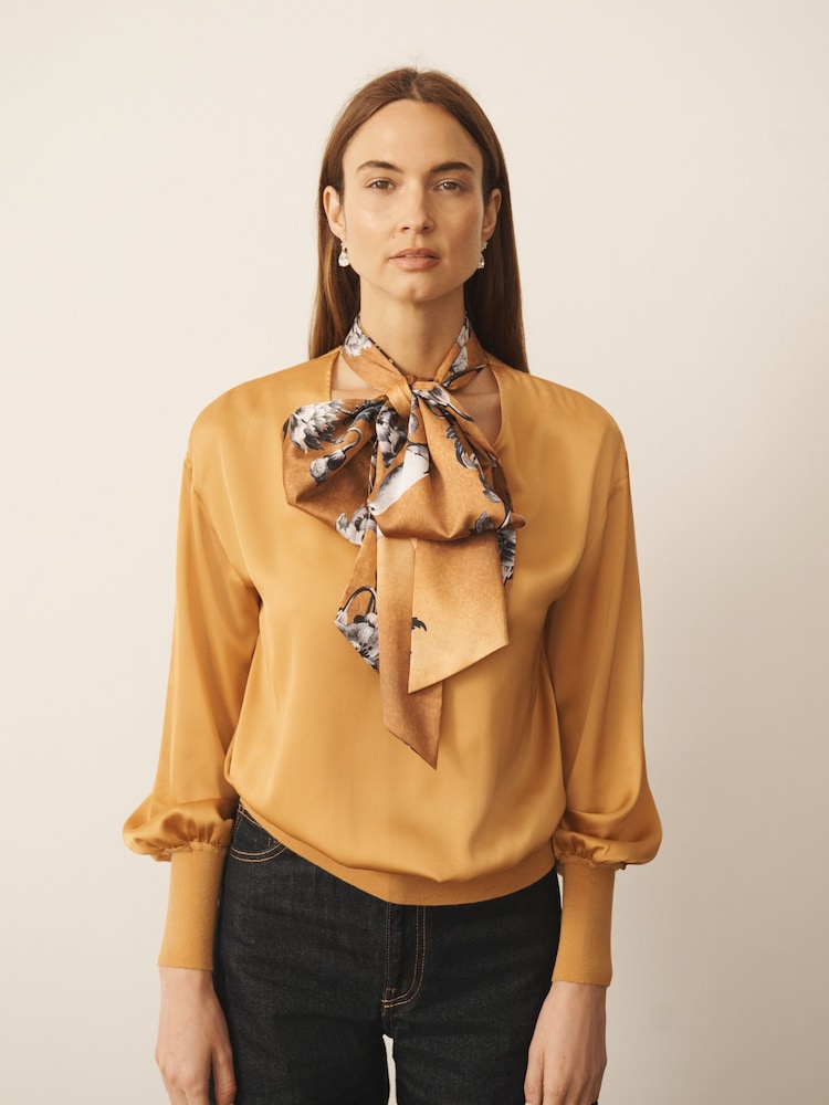 CERENE Bridget Ochre Yellow Cerenity Print Satin Scarf Detail Knitted Back Blouse - Image 1 of 11 CERENE Bridget Ochre Yellow Cerenity Print Satin Scarf Detail Knitted Back Blouse - Image 1 of 11